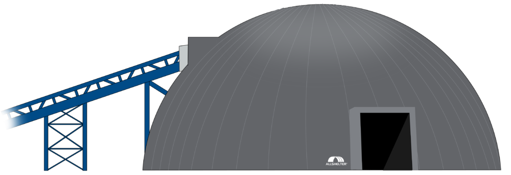 A 3D illustration of a bulkspan dome shelter with an integrated conveyor system and access points.