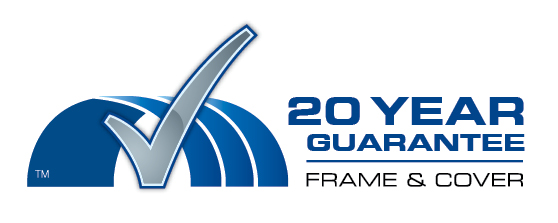 Logo showcasing a 20-year guarantee for frame and cover with a checkmark and dome illustration.