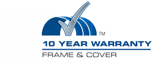 Logo featuring a blue check mark and text '10 Year Warranty - Frame & Cover,' indicating product durability and assurance.